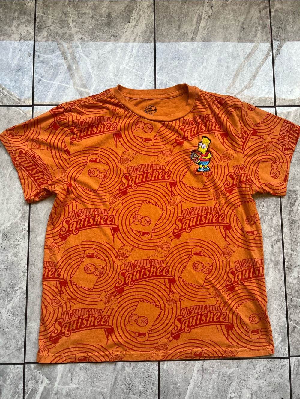 The Simpsons Mens Syrup Super Squishee Orange S/S Graphic Embroidered Shirt L